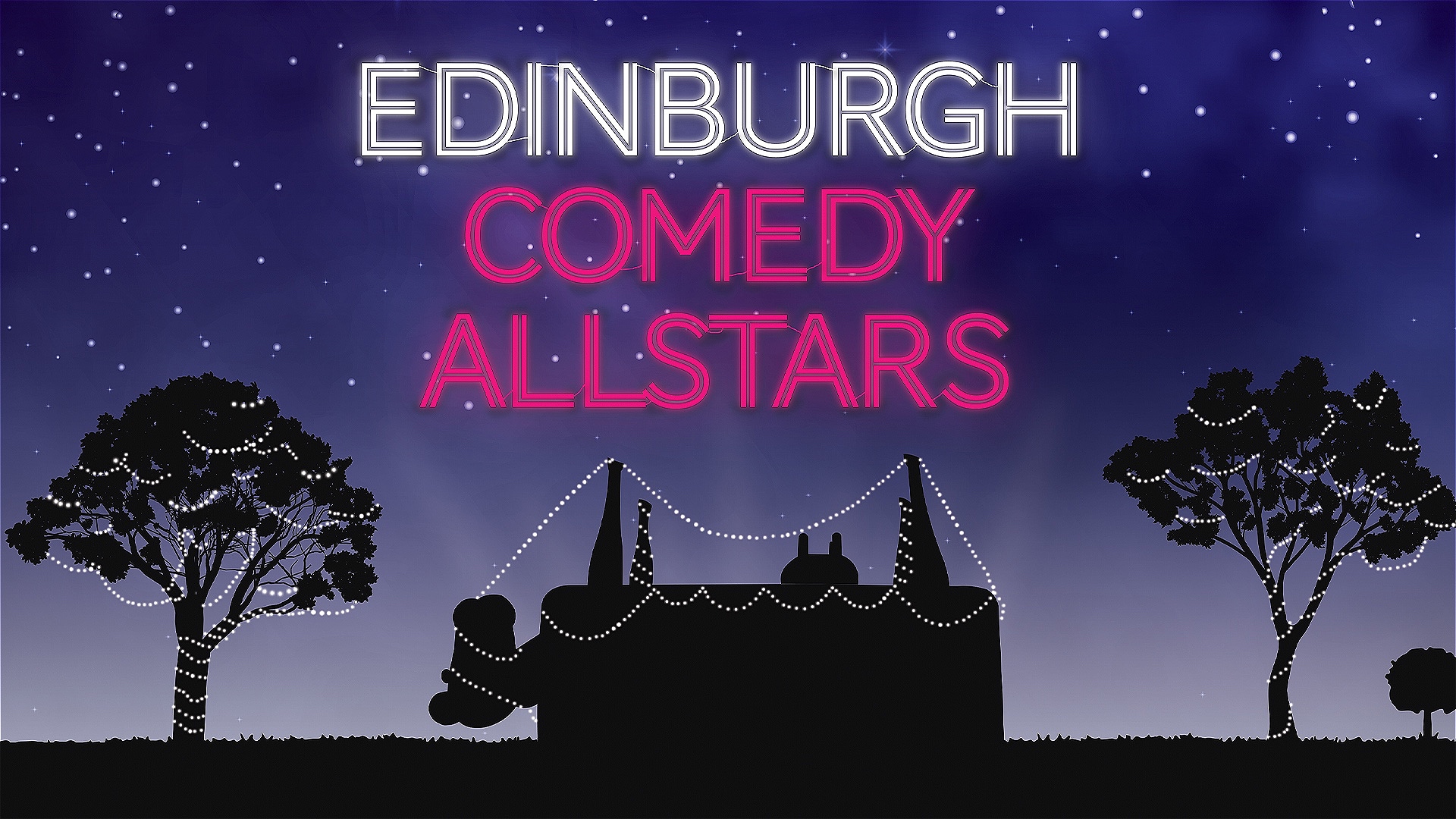 A silhouette illustration depicts the Udderbelly venue, with its iconic shape as an upside-down cow, draped in lights and bordered by trees against a night sky. The words Edinburgh Comedy Allstars are illuminated above as if in neon lights.