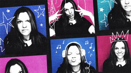 A collage of six black-and-white photo booth images of a woman making a variety of silly and serious facial expressions. She sits against colorful backgrounds of blue and pink. There are simple illustrations drawn in white drawn on each image. Stars, rad