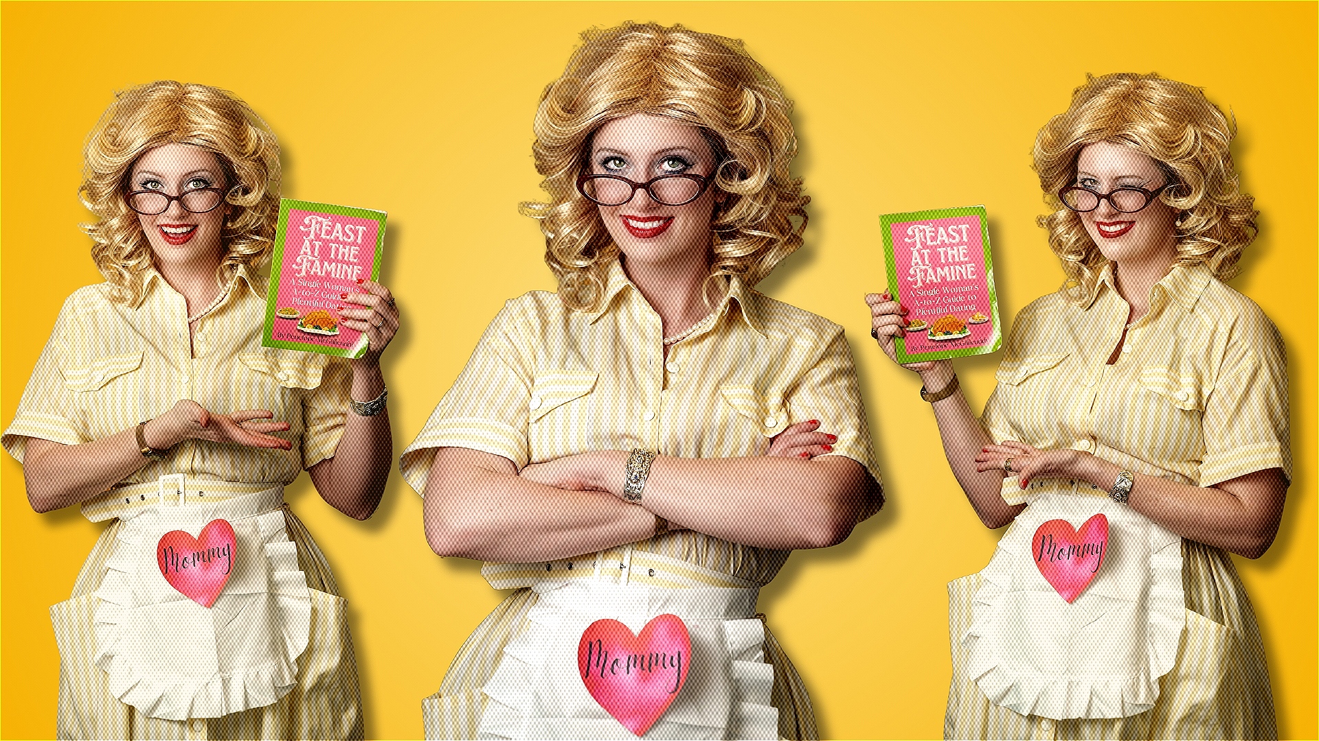 A woman dressed up as a classic mother, in a feathered blond wig, red glasses, peals, a yellow 1950's house dress and an apron that says 