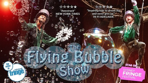 Maxwell the Bubbleologist is flying in the air making millions of bubbles