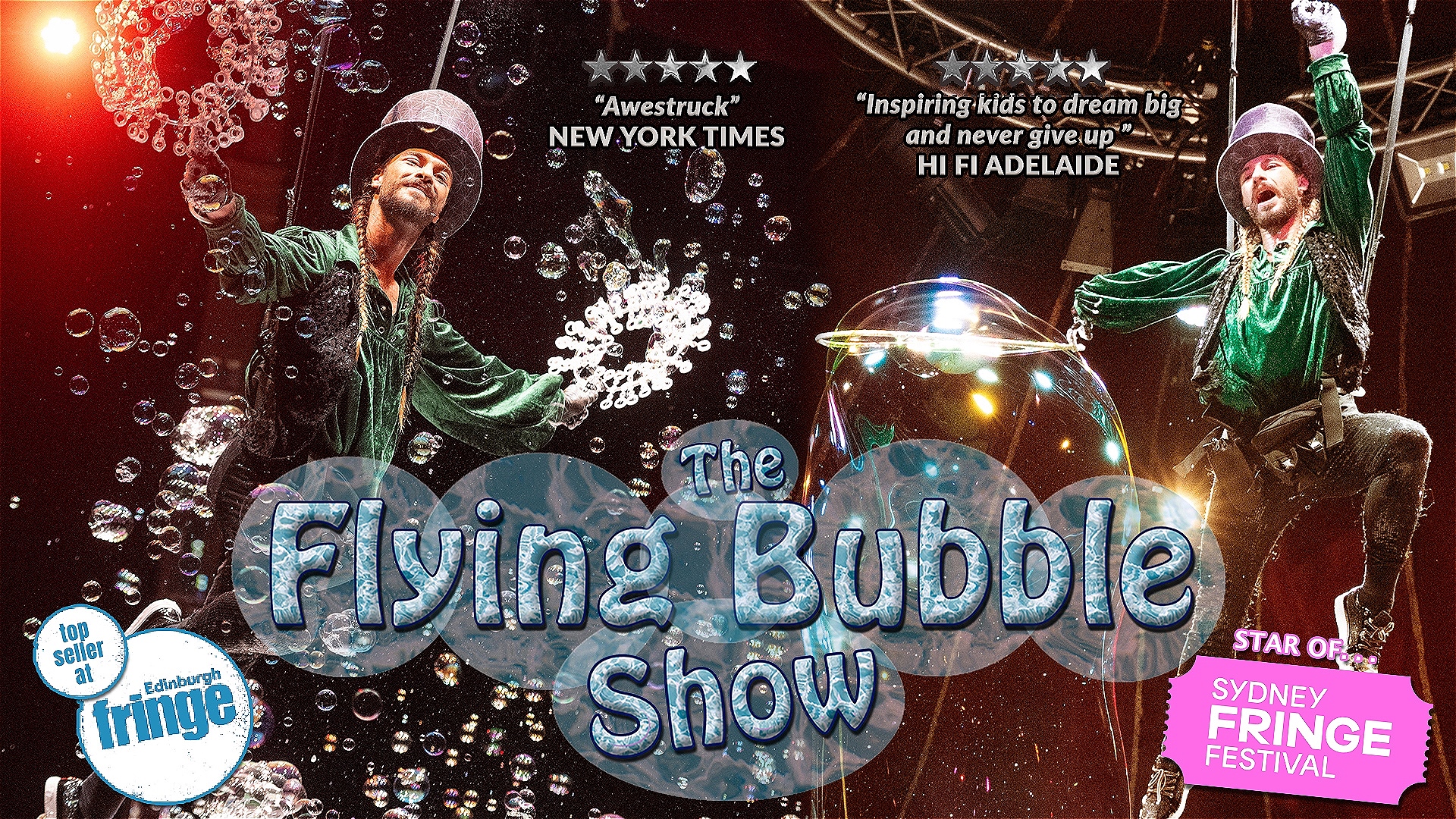 Maxwell the Bubbleologist is flying in the air making millions of bubbles