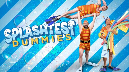 Three circus performers in matching red and yellow striped swimsuits pose against a bright blue, bubble filled, diagonal striped background. One strongman lifts another horizontally overhead like a diver, while the third stands beside them holding pool n