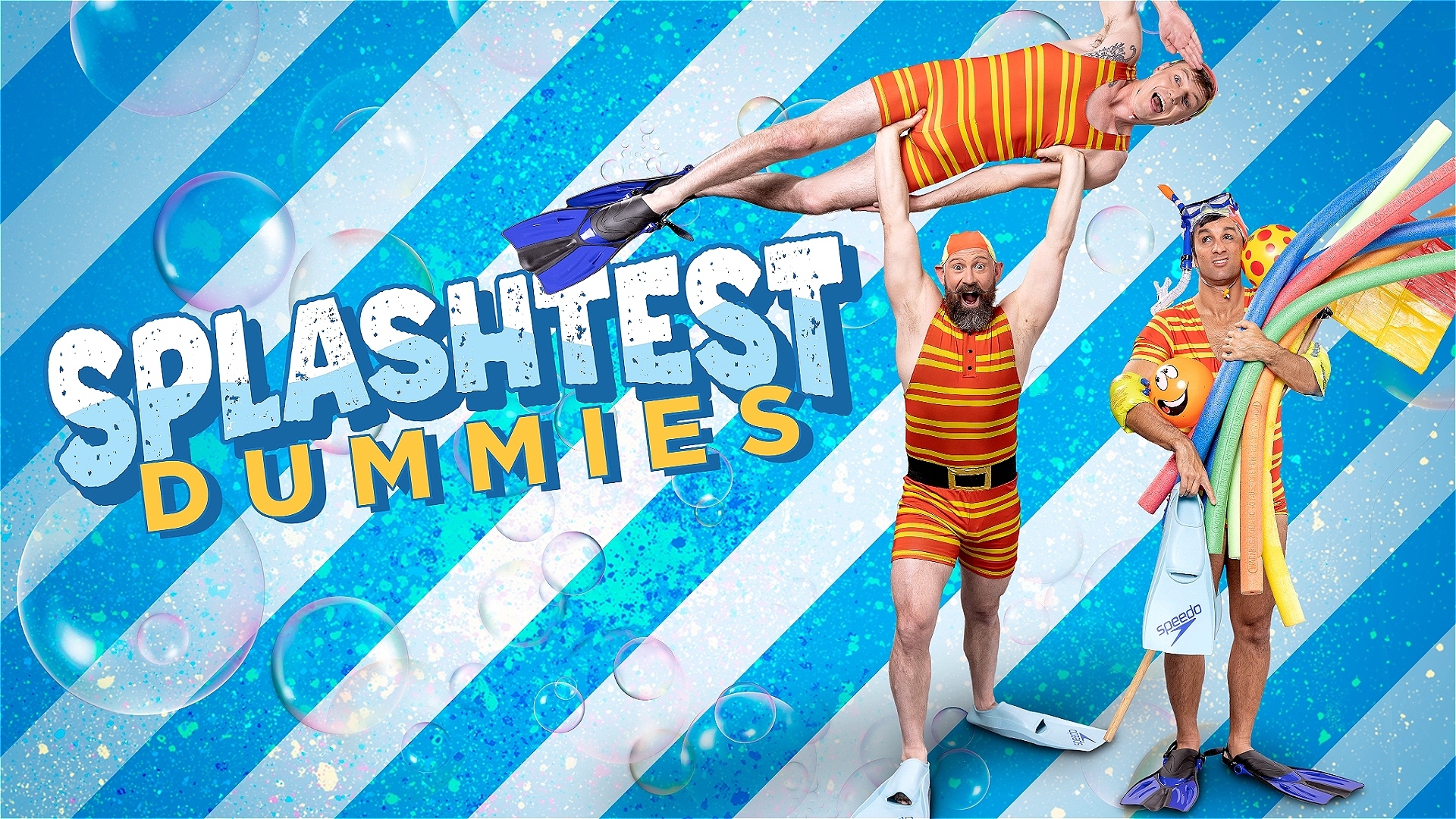 Three circus performers in matching red and yellow striped swimsuits pose against a bright blue, bubble filled, diagonal striped background. One strongman lifts another horizontally overhead like a diver, while the third stands beside them holding pool n