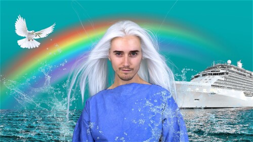 A person with long white hair and a blue dress stands in front of a large cruise ship on the sea. In the sky there is a rainbow and a dove.