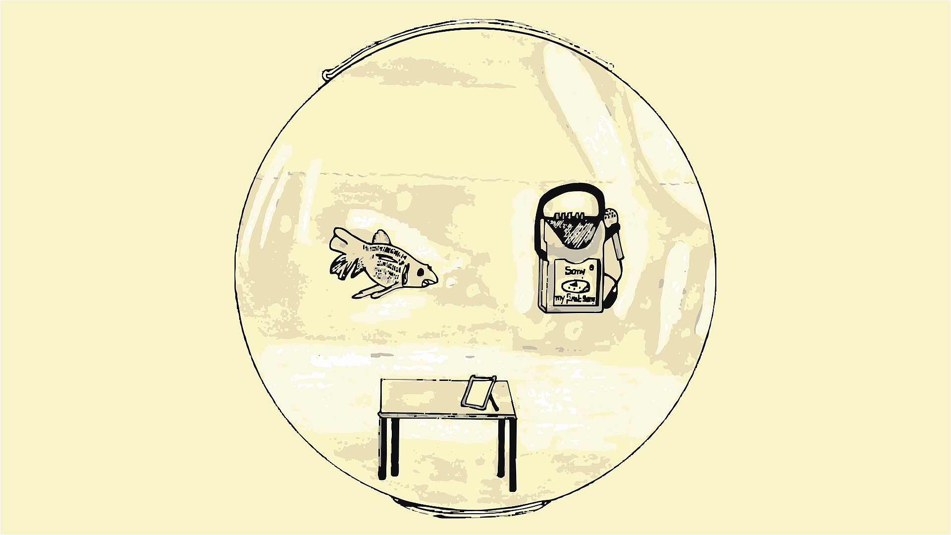 A fishbowl with a goldfish, a small table and a tape recorder.
