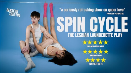 Noel and Kitt sit against a blue background. Noel's gaze is to the left. Kitt stares into the camera. She is laying on the ground on her back with her feet pinned to a clothing line that runs along the top of the image.