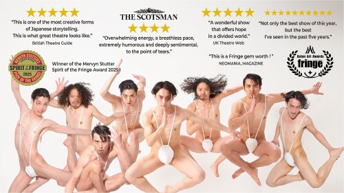 performers jumping up wearing white pants, surrounding the photo are reviews and stars 