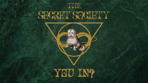 A golden triangular logo with a medieval painting of a dog in the centre. With the words 