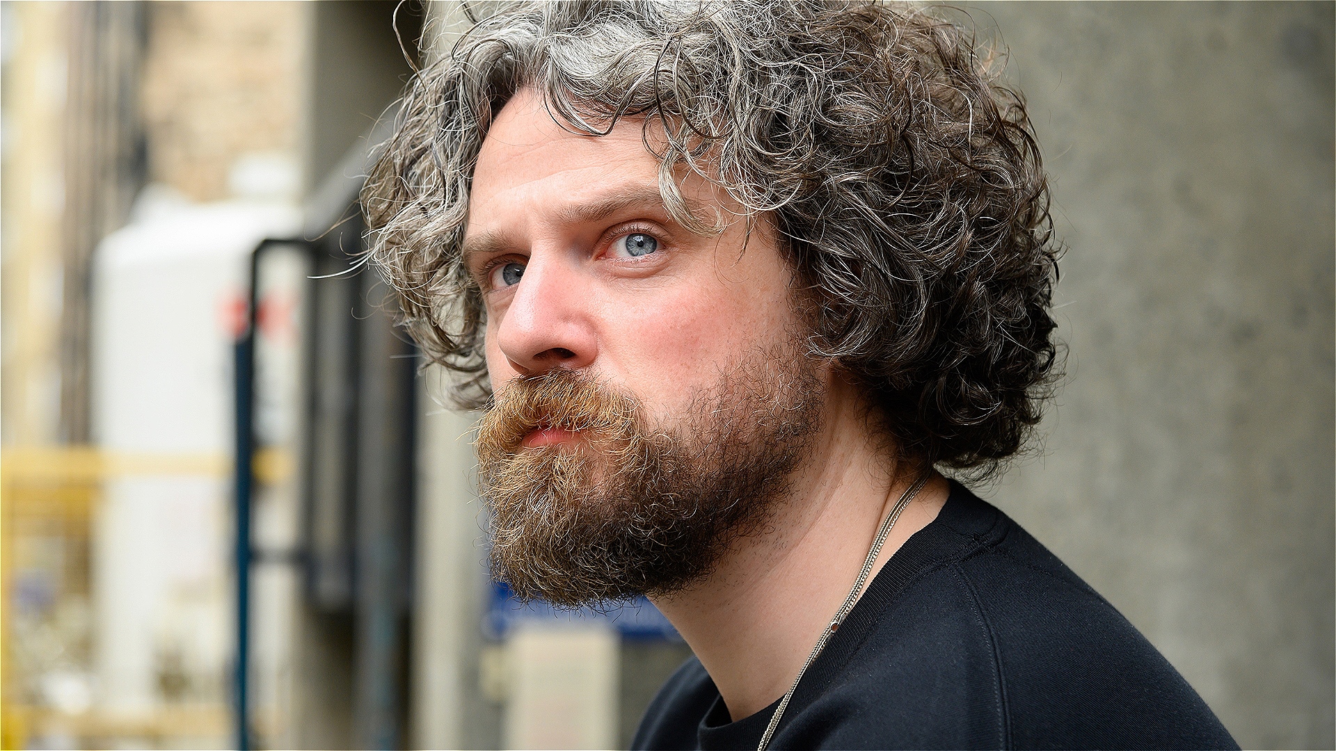Man with unkempt curly, greying hair and ginger beard