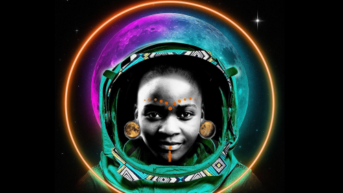 1 female afronaut stares infront, she has a space helmet on, in the outline of the moon 