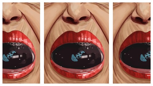 An up close picture of a screaming face with wrinkles and red lips. The mouth at the centre is open wide with a bubble and a blue jellyfish in the centre.