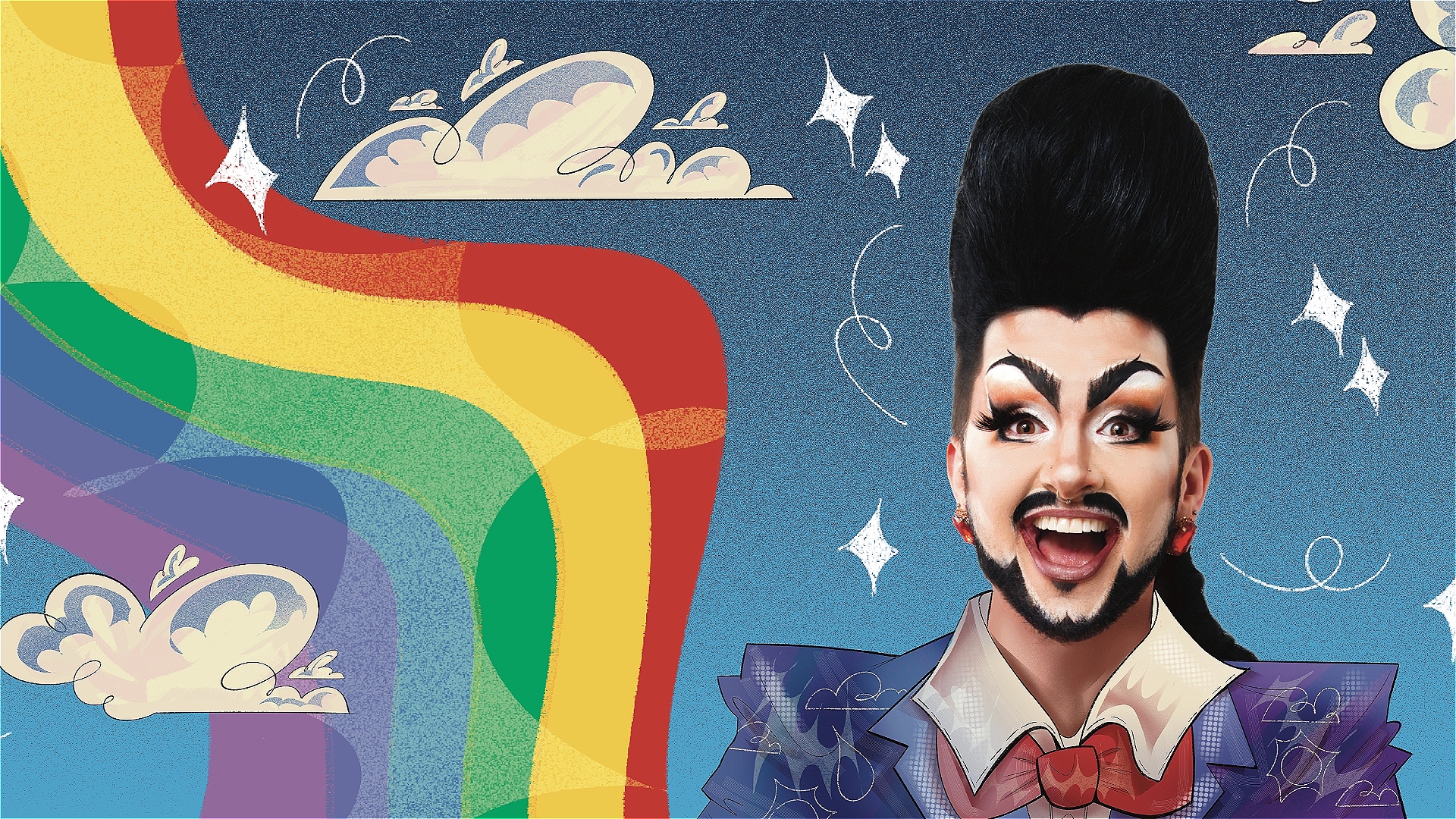 Hugo Grrrl, a Pākehā drag king with a towering dark bouffant and facial hair wears a purple illustrated suit with a big red bow tie, against an illustrated blue sky with a rainbow and clouds.