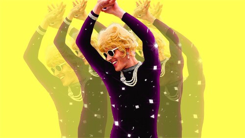 Yellow background with multiple Coco The Time-Travelling Tarts in the centre with her hands over her head.