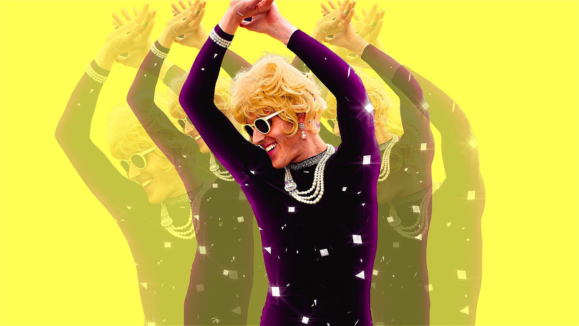 Yellow background with multiple Coco The Time-Travelling Tarts in the centre with her hands over her head.