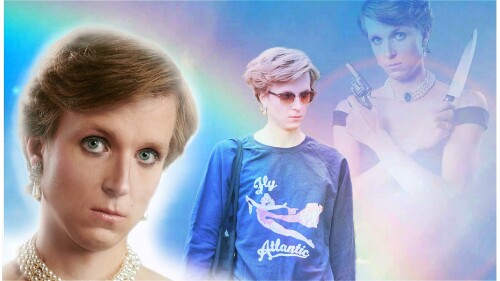 Three images of Linus Karp as Diana against a backdrop of heaven. One image is close of her face, looking doe eyed at the camera wearing a pearl necklace. The middle image has Diana wearing sunglasses and a Fly Atlantic jumper and the right side image ha