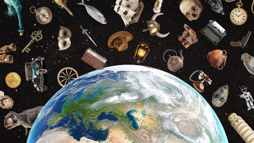 A picture of half the globe floating in space. Around it, floats various important items from history including, but not limited to; clay pots, a dinosaur, the Statue of Liberty, a sword, a vintage car, a skull, an old boat, a stopwatch, a cowboy hat.