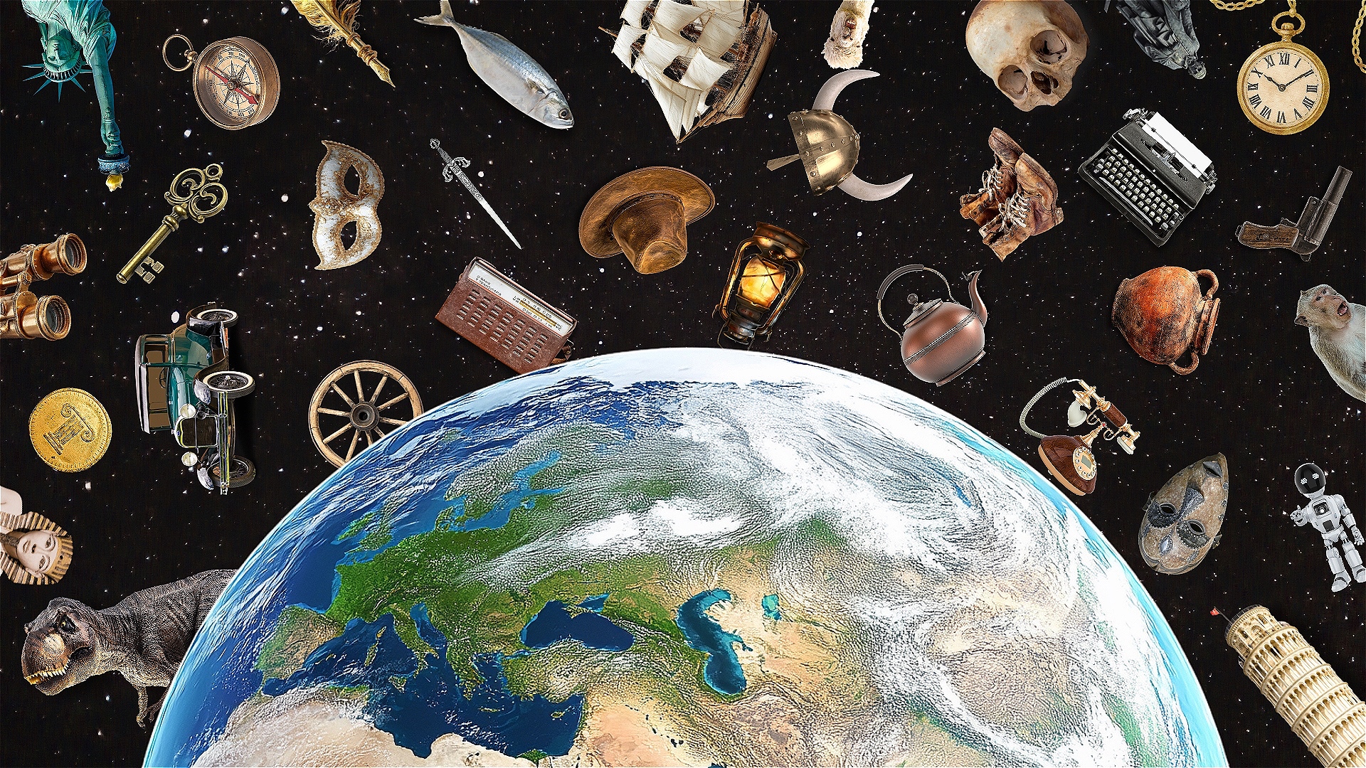 A picture of half the globe floating in space. Around it, floats various important items from history including, but not limited to; clay pots, a dinosaur, the Statue of Liberty, a sword, a vintage car, a skull, an old boat, a stopwatch, a cowboy hat.