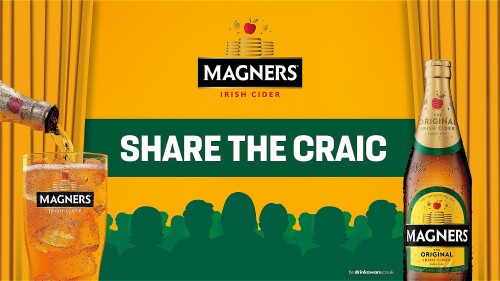 A bright yellow and green image for Magners Irish Cider. In the centre is the Magners logo above the text “Share the Craic,” with a green silhouette of a crowd along the bottom. On the left, cider is being poured into a glass filled with ice and branded 