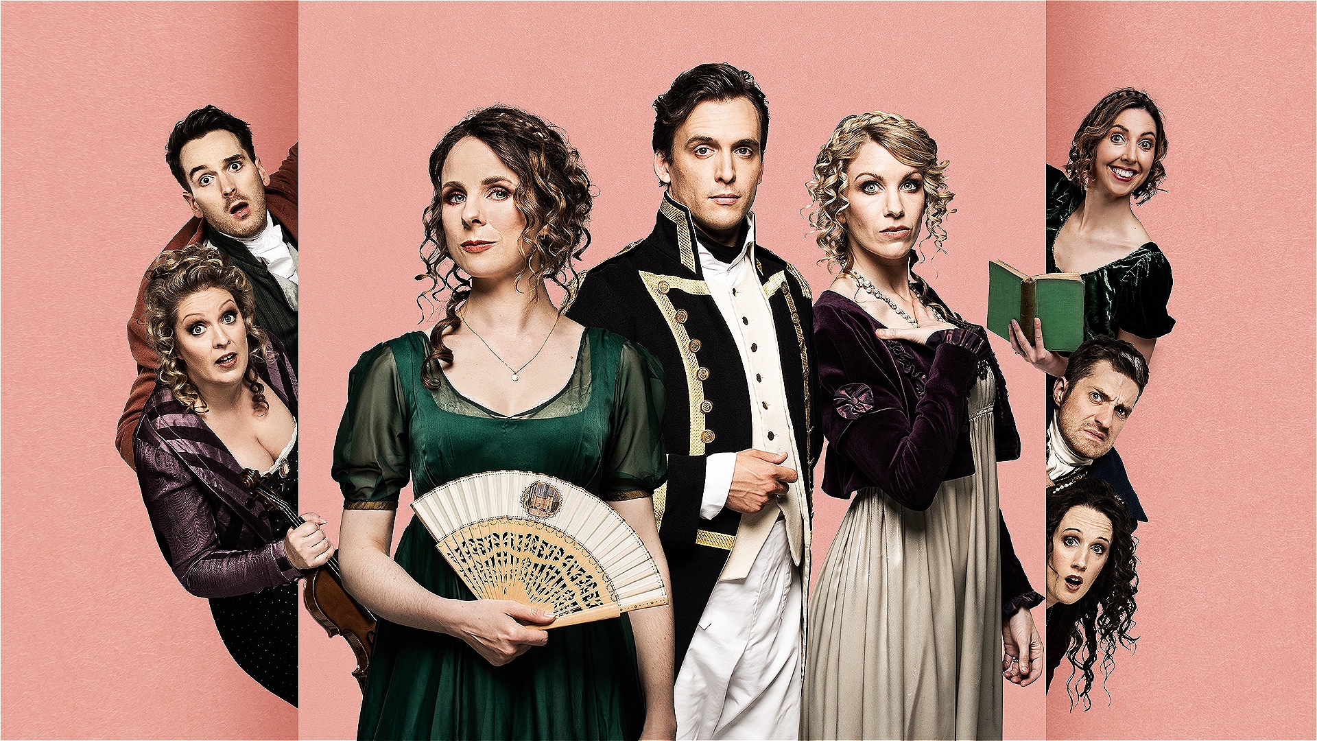 8 people in Regency costume stand and look out towards the viewer. They are holding Regency era props – a violin, a fan, a book.