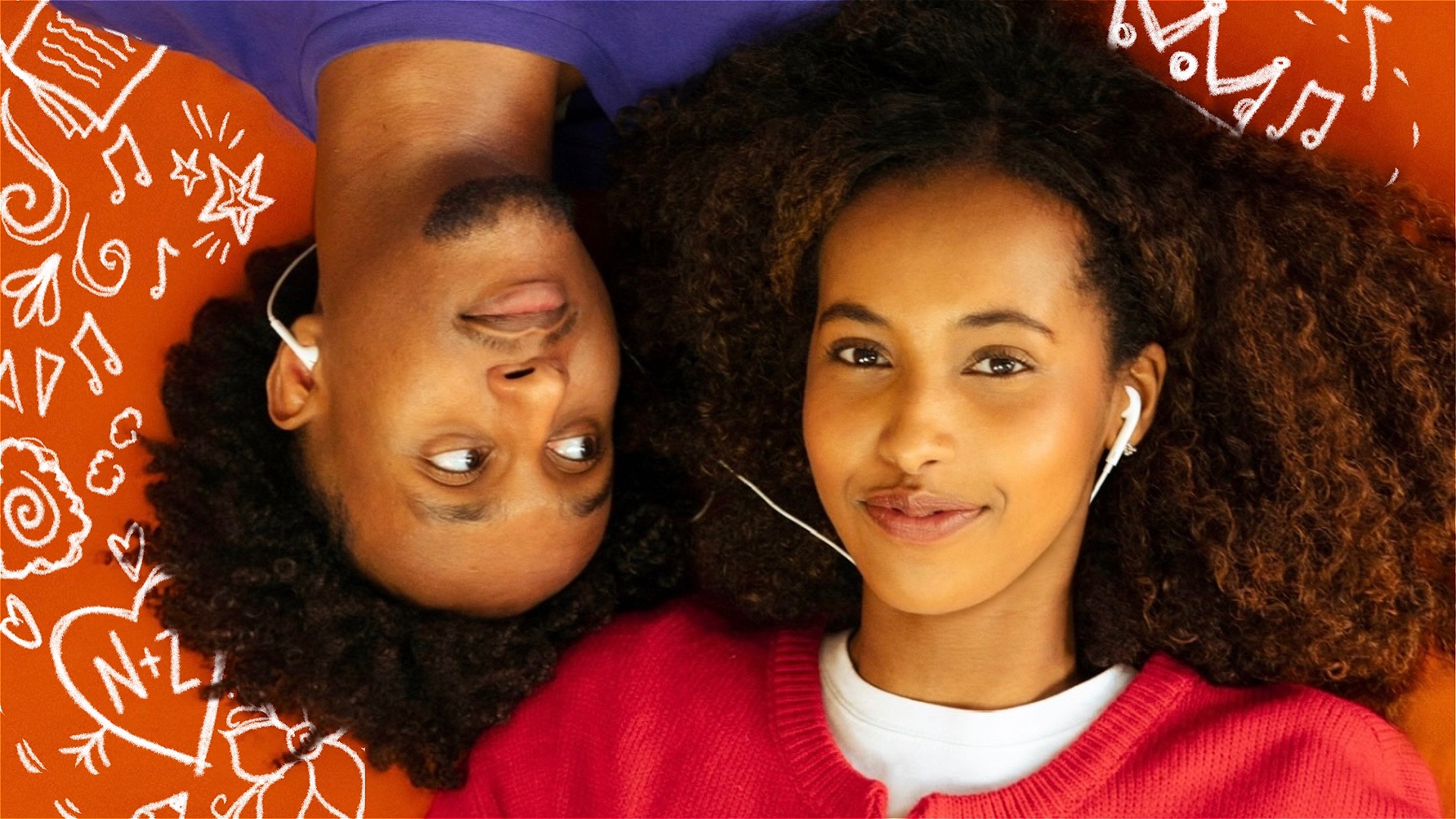 A young boy and girl are lying on the floor. The girl looks up at the viewer while the boy is looking directly at the girl. They share earphones as they listen to music. They are surrounded by illustrations of musical notes, starts, flowers and a love he