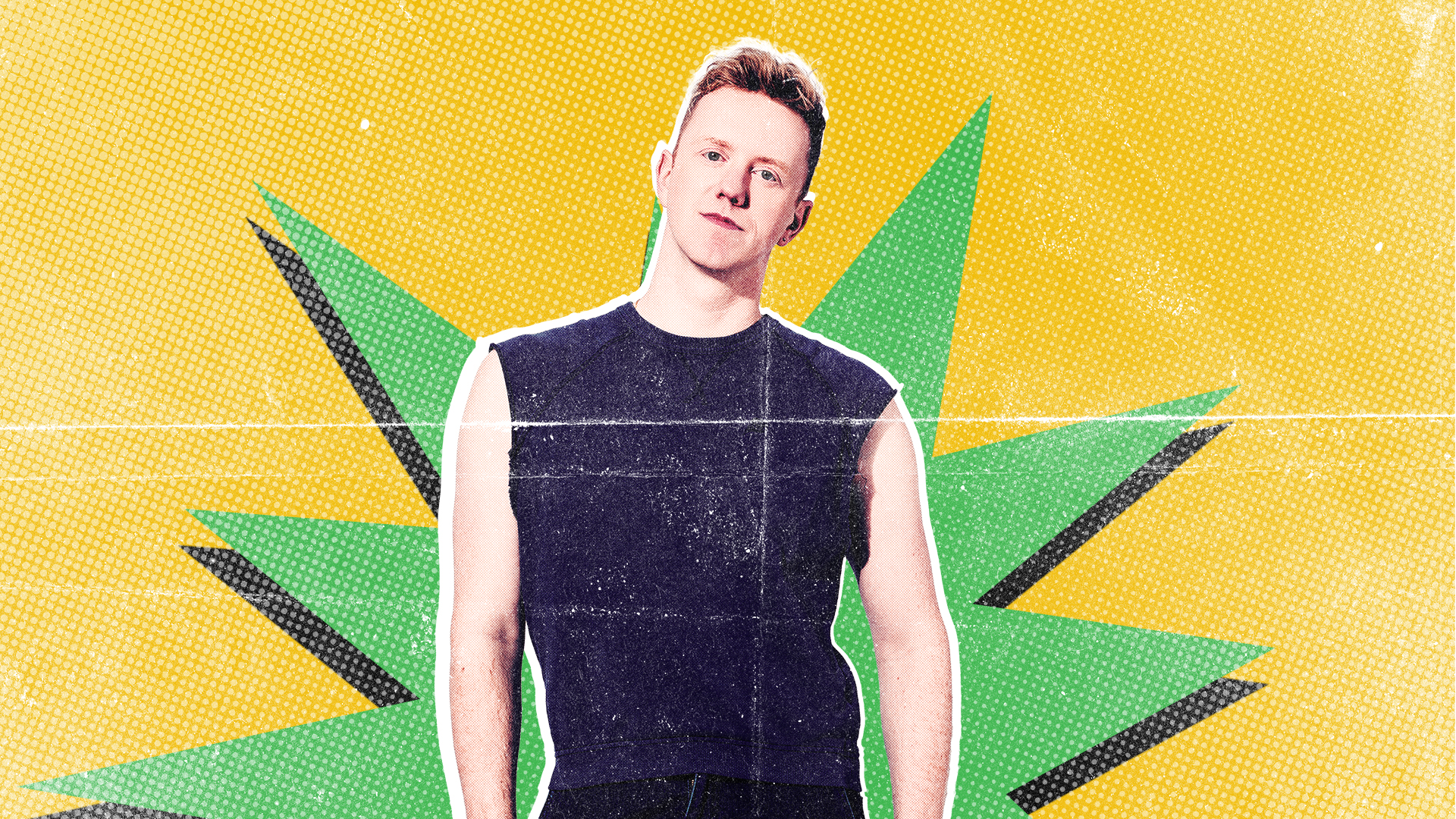 James Barr poses against a yellow background with a green cut out star 