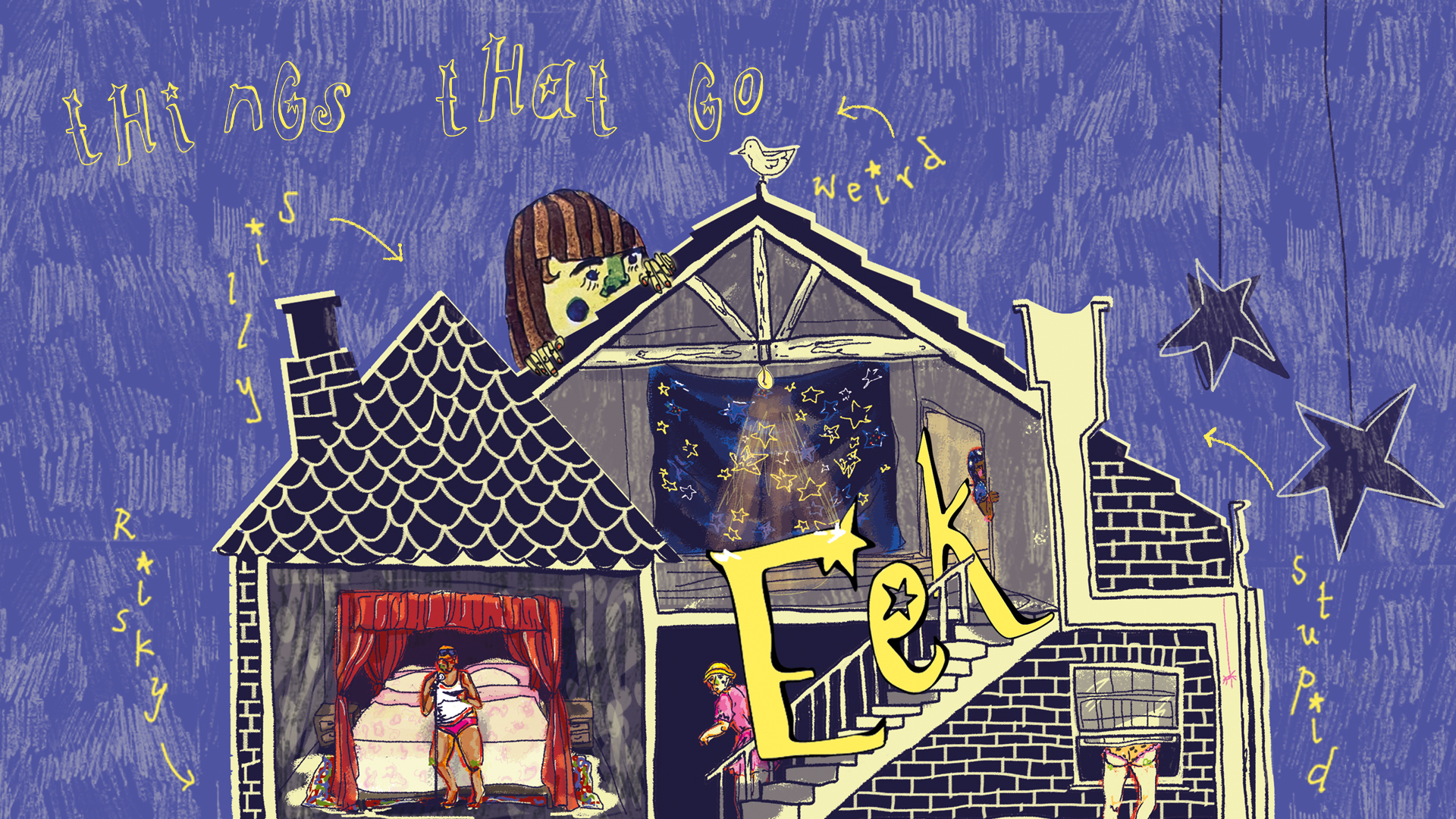 A blue illustrated background with an illustration of an open house with the text 'things that go eeek'