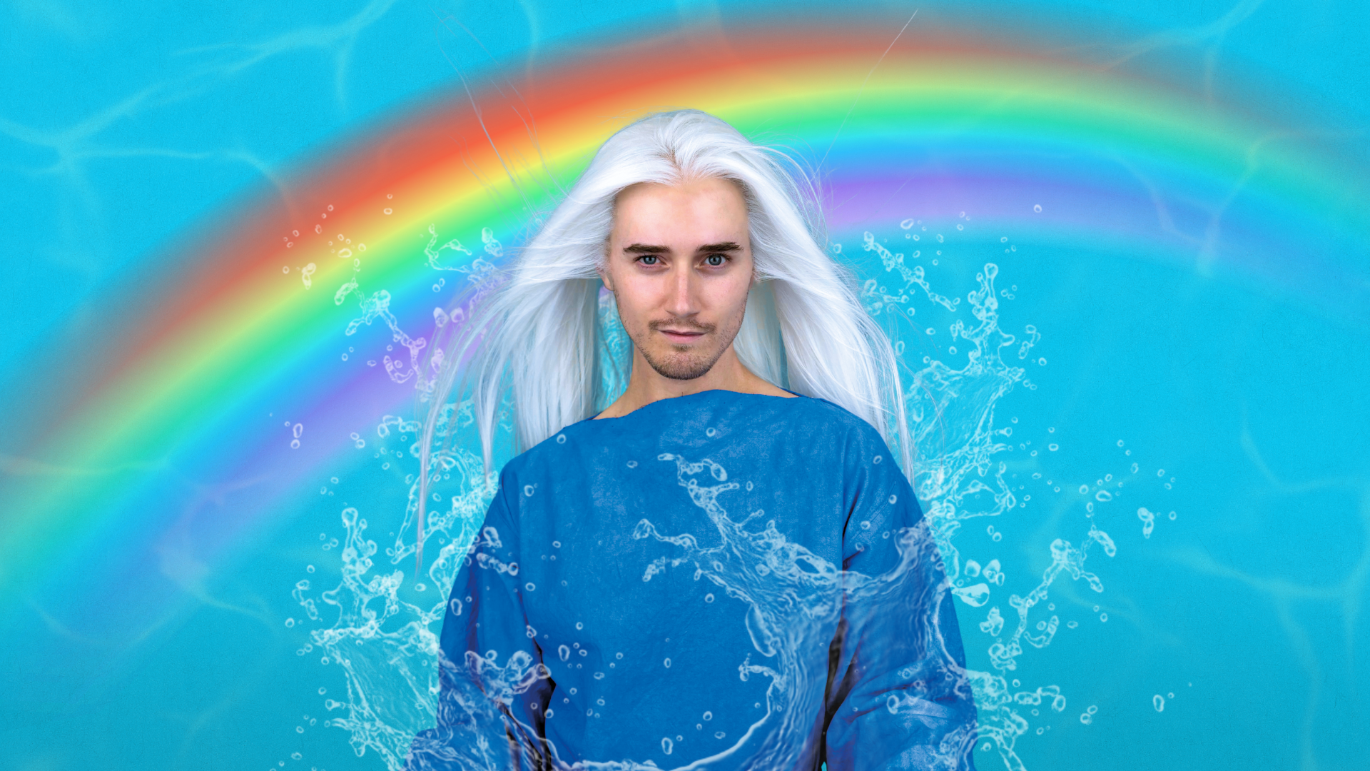 A person with long white hair and a blue dress against a blue background, surrounded by water splashes and standing underneath a rainbow.