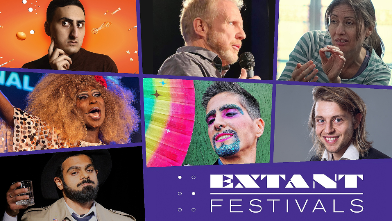 A 3x3 grid with off-kilter white sloping lines forming trapezoids rather than squares within the grid. From top left the images are: Aarian Mehrabani’s face against an orange background, Neil Skene in profile speaking into a microphone, Holly Thomas crou